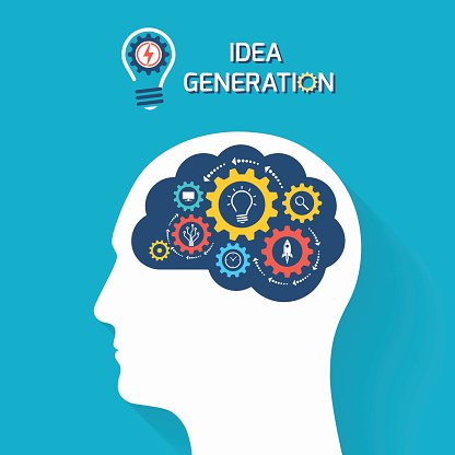 Silhouette of a human head with gears, lightbulbs, and icons inside representing idea generation and creative thinking.