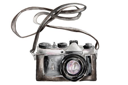 Watercolor illustration of a vintage film camera with coiled strap, rendered in grayscale with subtle color accents.