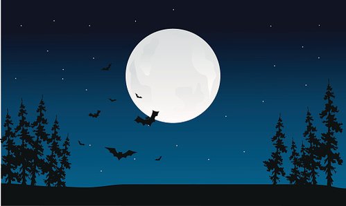 Full moon glowing over a silhouetted forest with flying bats under a starry night sky.