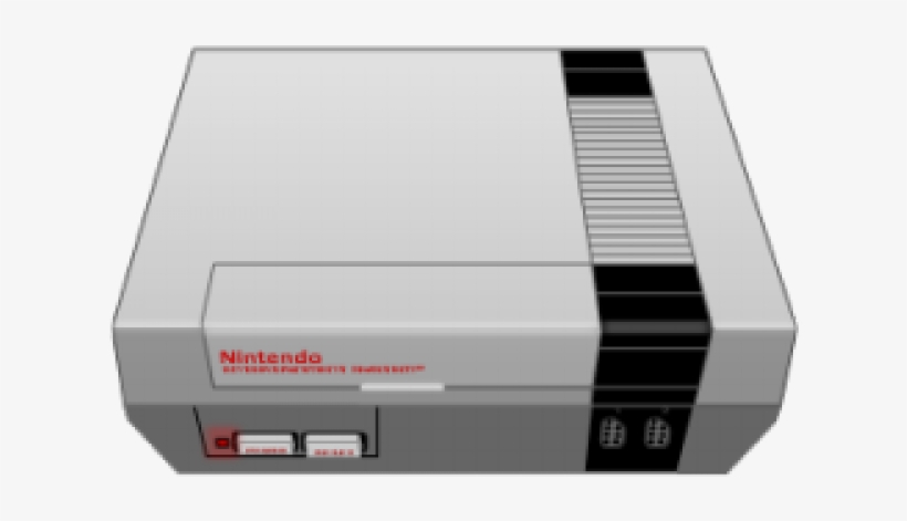 Nintendo Entertainment System (NES) console, gray with black stripe and red logo, front view showing power/reset buttons and controller ports.