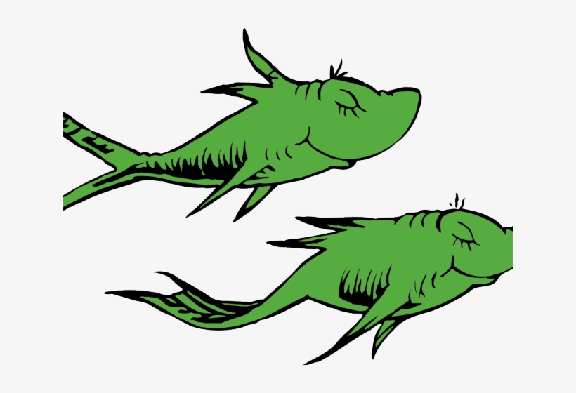 Two whimsical green fish with closed eyes and expressive fins, drawn in Dr. Seuss’s signature style.