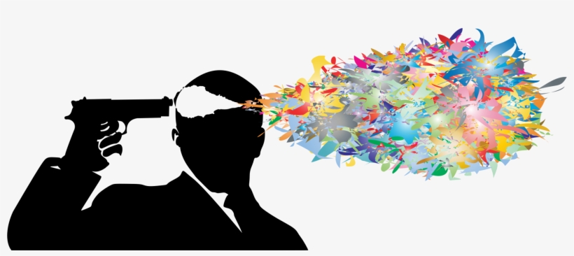 Silhouette of a man holding a gun to his temple with a burst of colorful abstract shapes erupting outward, symbolizing mental explosion or creativity.