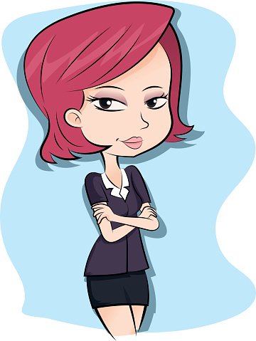 Confident businesswoman with pink hair, arms crossed, wearing a professional dark blazer and skirt against a light blue background.