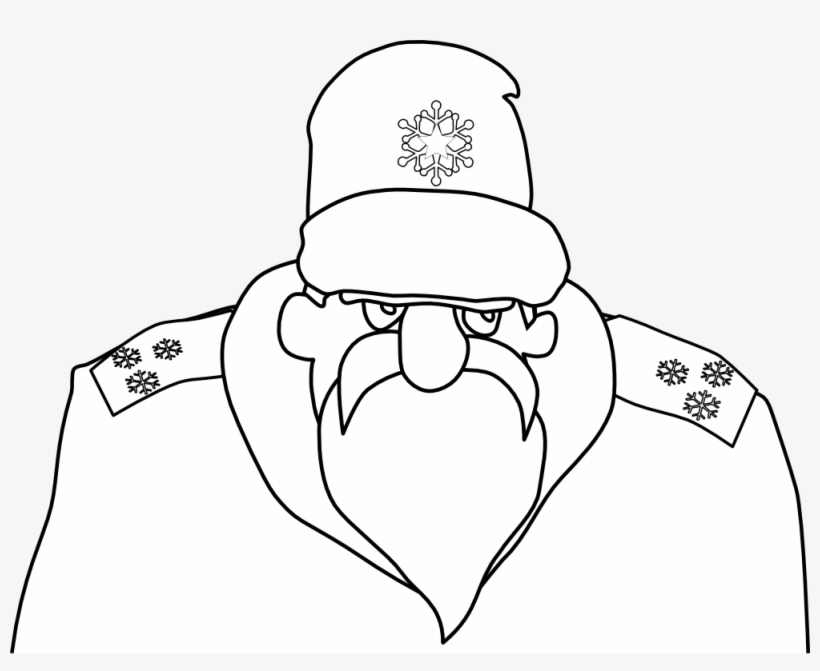 Grumpy cartoon winter general with snowflake-adorned hat and fur-trimmed coat, stern expression and thick mustache.