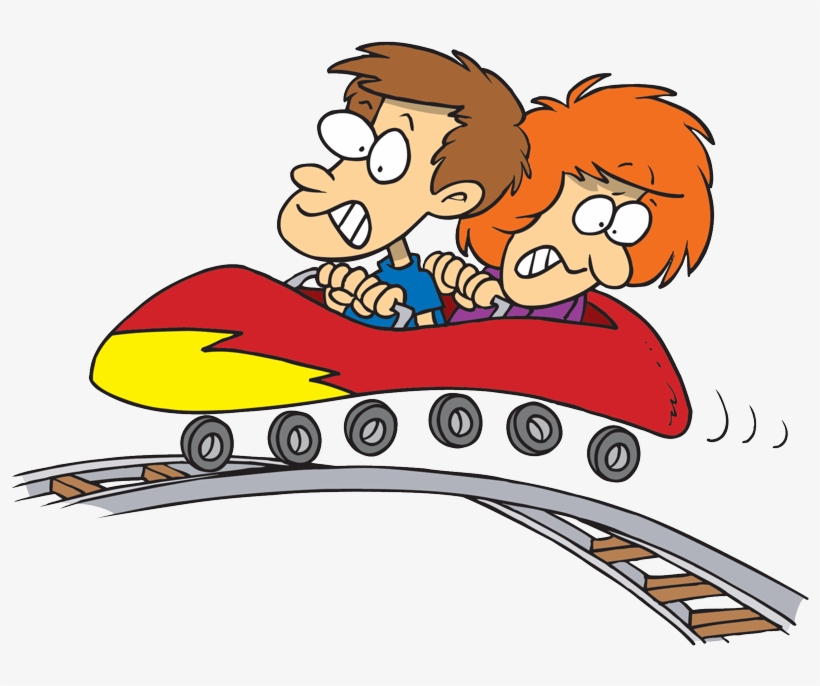 Two cartoon kids screaming with excitement on a red and yellow roller coaster car speeding down tracks.