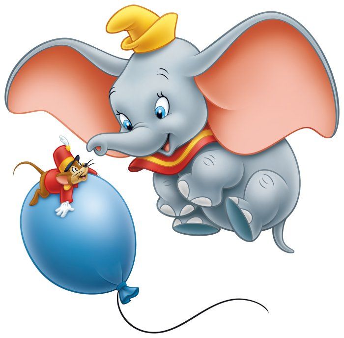 Dumbo the flying elephant with Timothy Q. Mouse on a blue balloon, wearing a yellow hat and red cape.