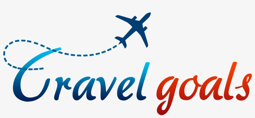 Blue airplane flying along a dotted path above the text "Travel goals" in gradient blue-to-red script font.