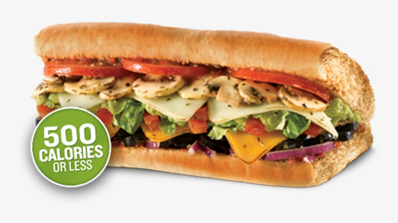 A hearty sub sandwich with mushrooms, lettuce, tomato, cheese, olives, and red onion, labeled "500 calories or less".