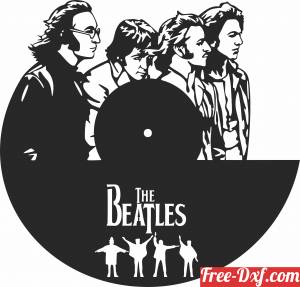 The Beatles band silhouette on a vinyl record with logo and iconic figures below.