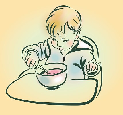 A young child with light hair sits in a high chair, eating from a bowl with a spoon, eyes closed in concentration.