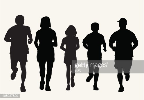 Silhouettes of five diverse people jogging together in a line, representing fitness, community, and active lifestyle.