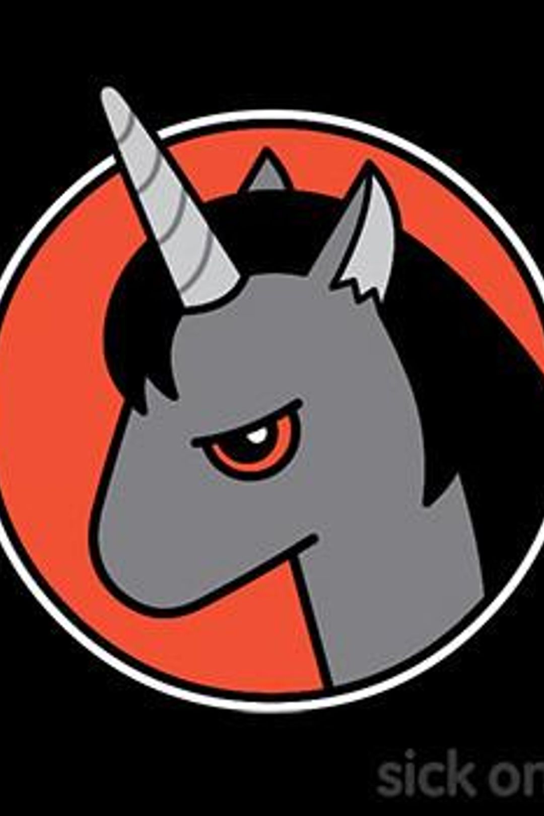 Angry gray unicorn with red eye and silver horn inside orange circle on black background.