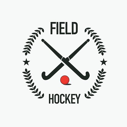 Field hockey logo with crossed sticks, red ball, laurel wreath, and stars.