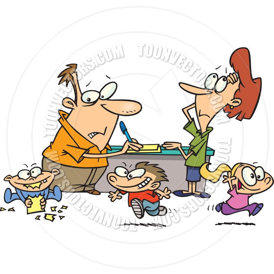 Frustrated parents at a desk while three mischievous kids run wild, tearing paper and grinning.