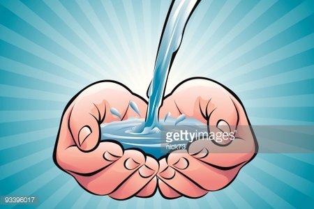 Cupped hands catching a stream of clean water against a radiant blue background.