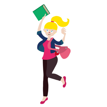 Joyful student with blonde ponytail holding a green book and pink bag, jumping in excitement.