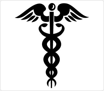 Black caduceus symbol with two snakes entwined around a winged staff, commonly associated with medicine and healthcare.