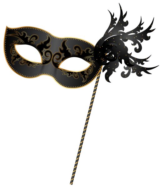 Elegant black Venetian masquerade mask with gold filigree and ornate feather plume on a striped stick.