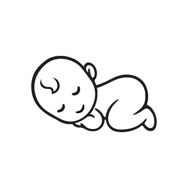 Simple line drawing of a sleeping baby lying on its side with closed eyes and peaceful expression.