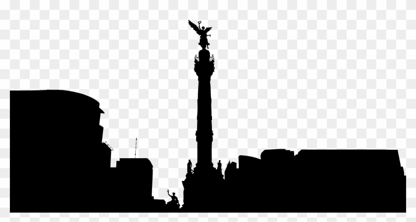 Silhouette of Mexico City’s Angel of Independence monument against urban skyline.