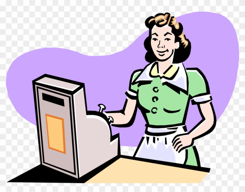 Vintage-style illustration of a smiling woman in a green uniform operating a cash register.