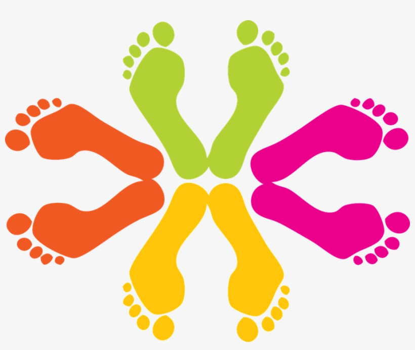 Colorful footprint icons arranged in a circular pattern, symbolizing unity, diversity, and community.