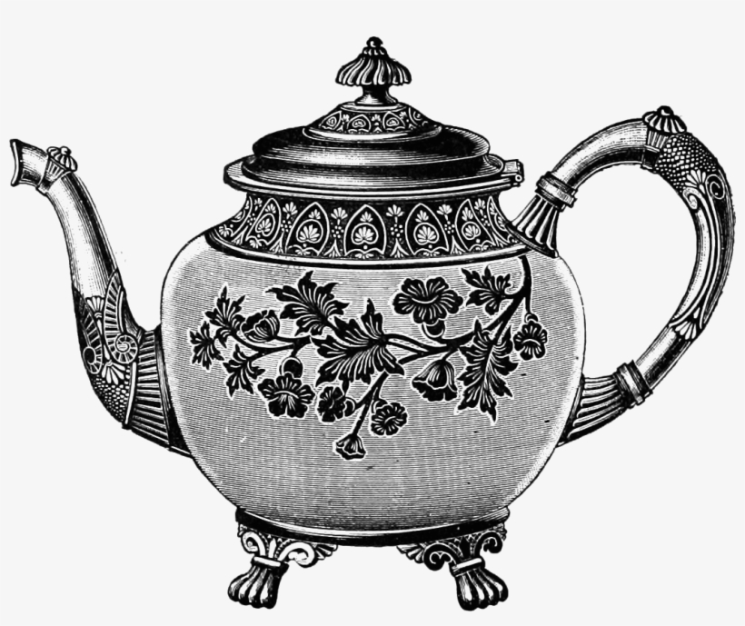 Ornate vintage teapot with floral motifs, intricate scrollwork, and decorative lid and feet.