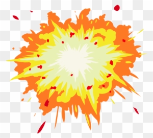 Vibrant cartoon-style explosion with orange, yellow, and red flames and flying debris on transparent background.