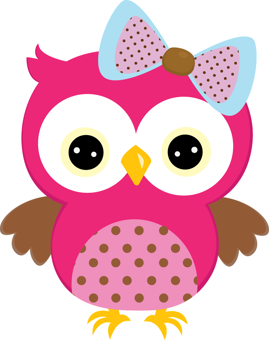 Cute pink cartoon owl with polka-dot bow and belly, large eyes, yellow beak and feet.