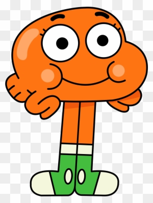 Orange cartoon character with large eyes, smiling face, green socks, and expressive pose.