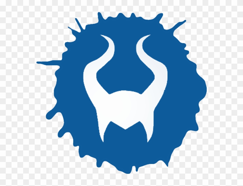 Blue ink-splatter logo with a white stylized tooth or horned emblem at center.