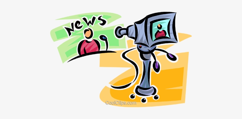 Cartoon illustration of a news reporter with microphone and a robotic camera filming, labeled "News".