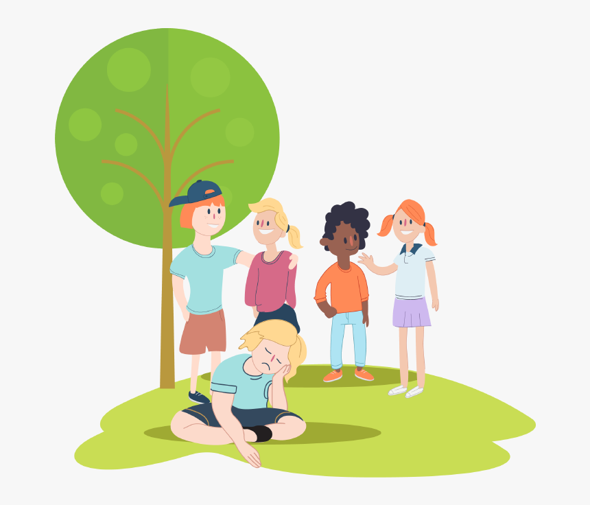 Five diverse children outdoors; one sitting sadly while others smile and gesture supportively under a green tree.