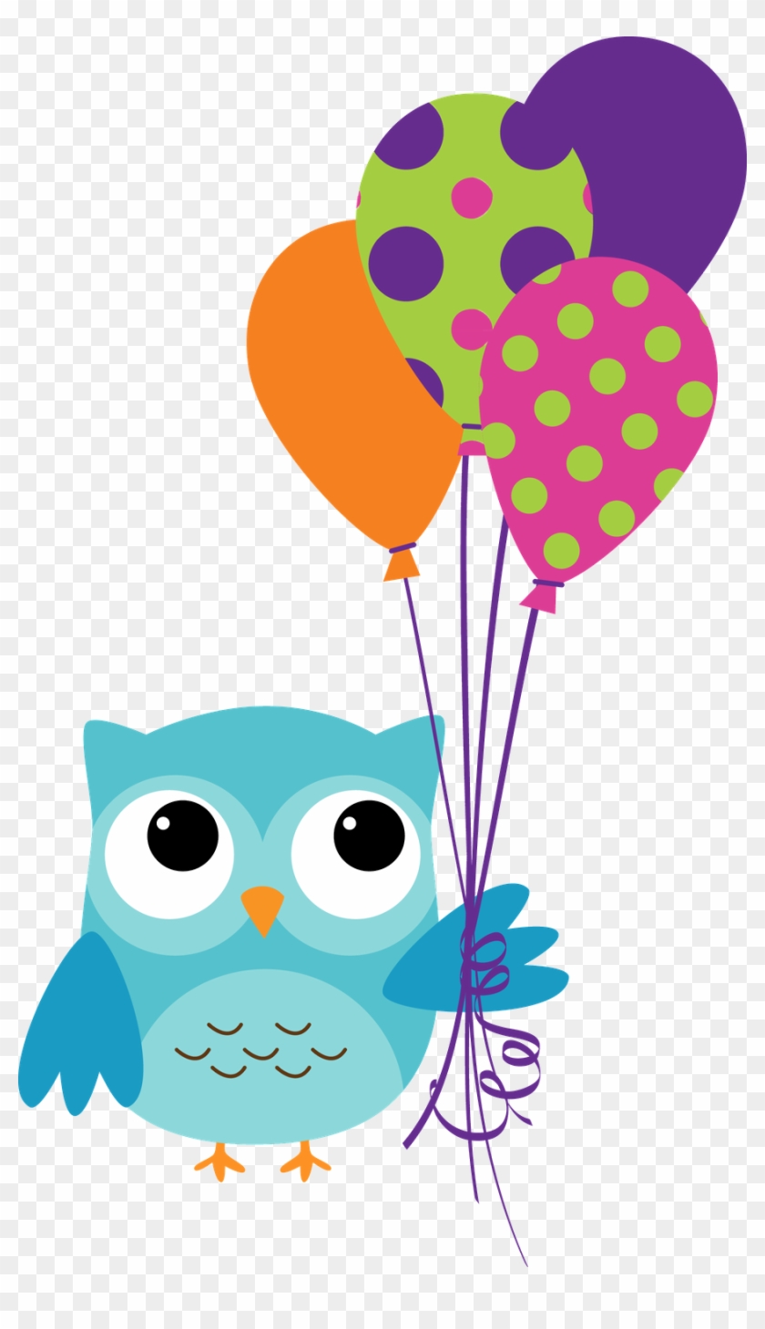 Cute blue cartoon owl holding colorful polka-dot and solid balloons on transparent background.