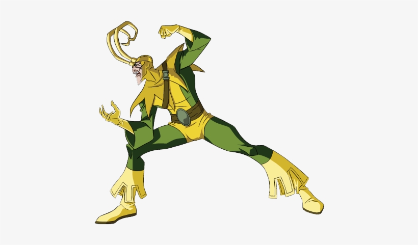 Loki in green and gold costume, striking a dynamic pose with horned helmet and raised fist.