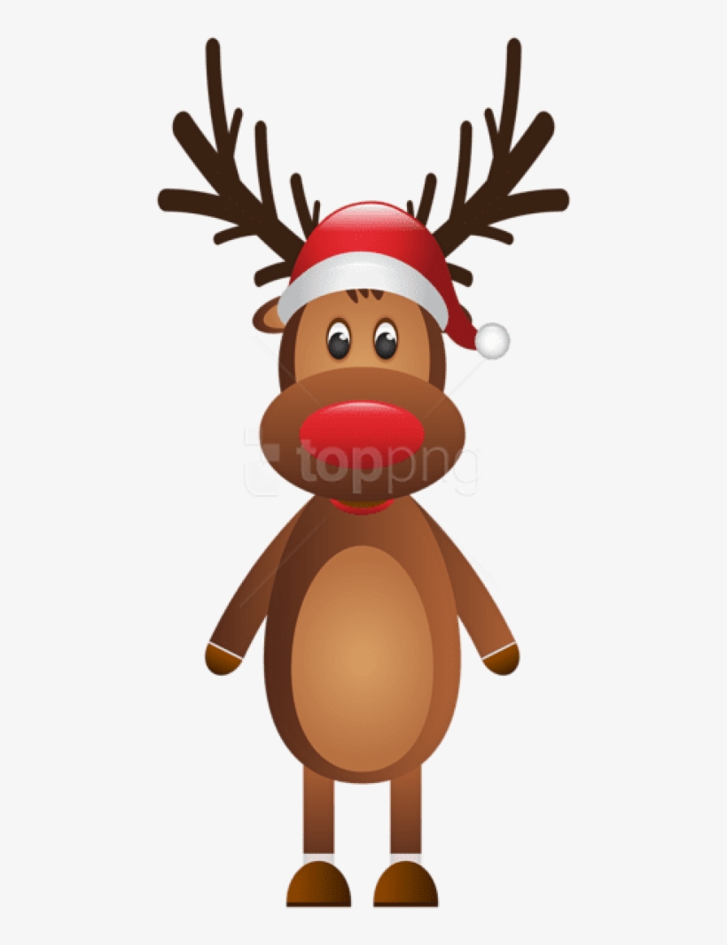 Cute cartoon reindeer with red nose and Santa hat, festive holiday illustration.
