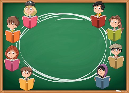 Eight diverse children reading colorful books around a green chalkboard oval frame.