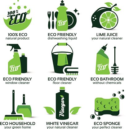 Collection of eco-friendly cleaning product icons including vinegar, lime juice, and natural cleaners.