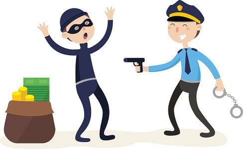 Cartoon police officer apprehending a masked thief next to a sack of money and cash stacks.