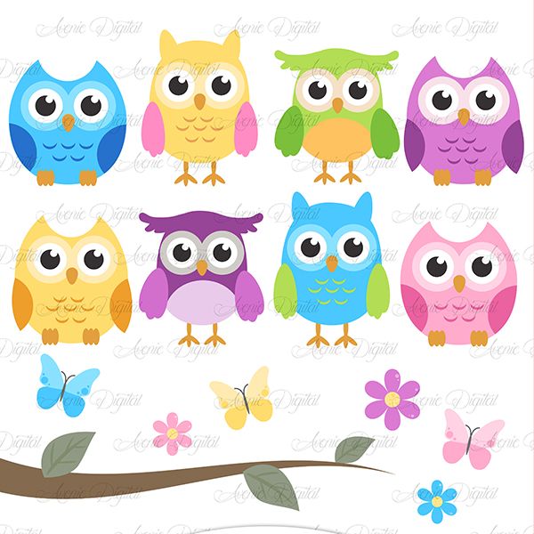 Eight colorful cartoon owls with butterflies and flowers on a branch, playful vector illustration.