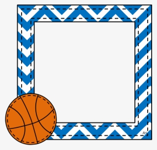 Blue and white chevron-patterned frame with an orange basketball in the bottom-left corner.