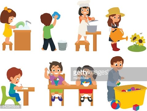 Children performing various household chores and learning activities: washing dishes, cleaning, cooking, gardening, studying, and sorting toys.