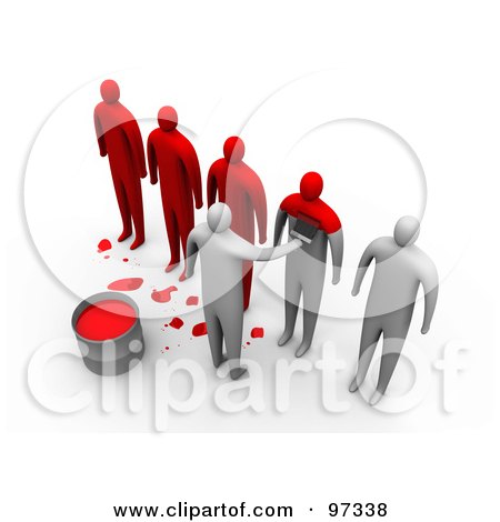 A group of stylized human figures, some red and some gray, with spilled red paint from a bucket and one figure handing a tablet to another.