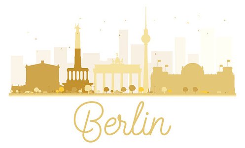 Golden silhouette skyline of Berlin featuring Brandenburg Gate, Victory Column, and TV Tower with "Berlin" script below.