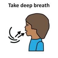 Illustrated side-profile of a person taking a deep breath, with airflow arrows indicating inhalation.