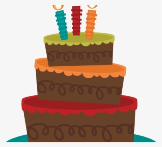 Three-tiered birthday cake with chocolate frosting, colorful layers, and three lit candles on top.