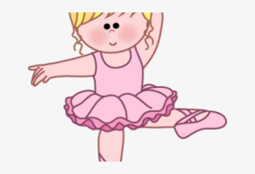 Smiling blonde ballerina in pink leotard and tutu performing a ballet pose with one leg extended.