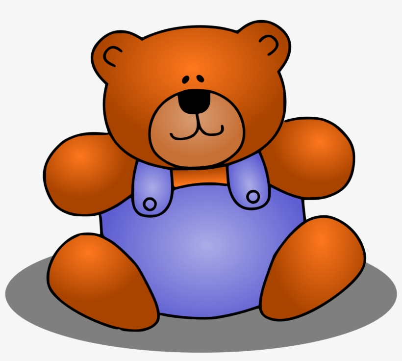 Brown teddy bear wearing purple overalls, sitting with a friendly smile.