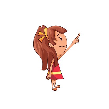 Cartoon girl with brown ponytail and red dress pointing upward with a smile.