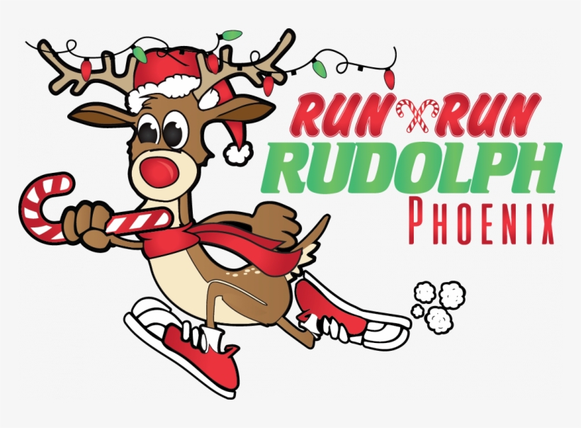 Festive cartoon reindeer in Santa hat and sneakers running with candy cane, for Run Rudolph Phoenix event.